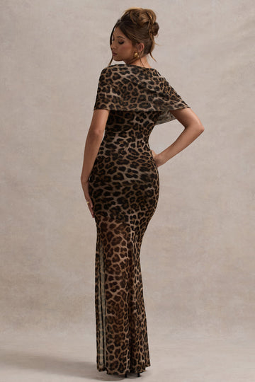 Gomez Leopard Print Mesh Cowl-Neck Split Maxi Dress